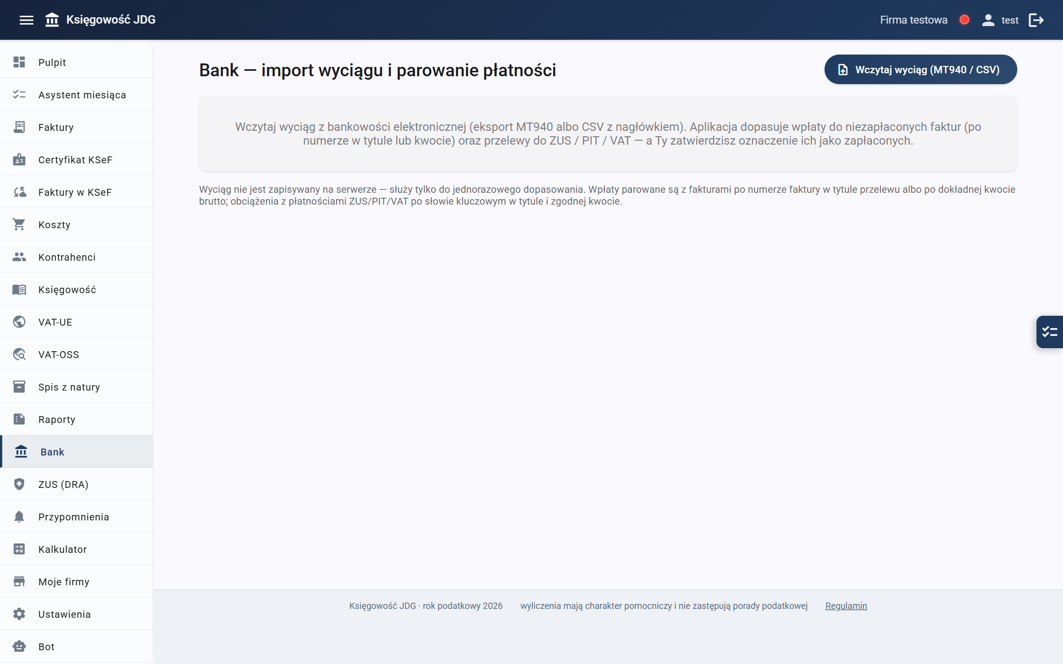 Zakładka Bank — import wyciągu MT940/CSV i parowanie płatności