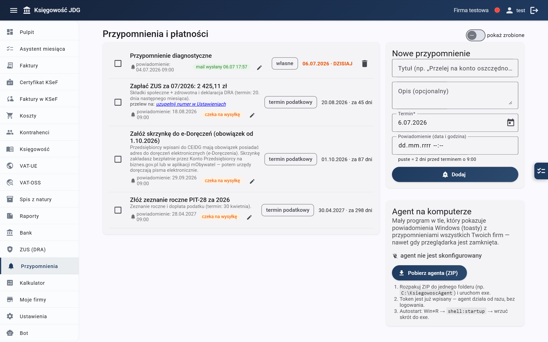Zakładka Przypomnienia — terminy podatkowe i powiadomienia e-mail