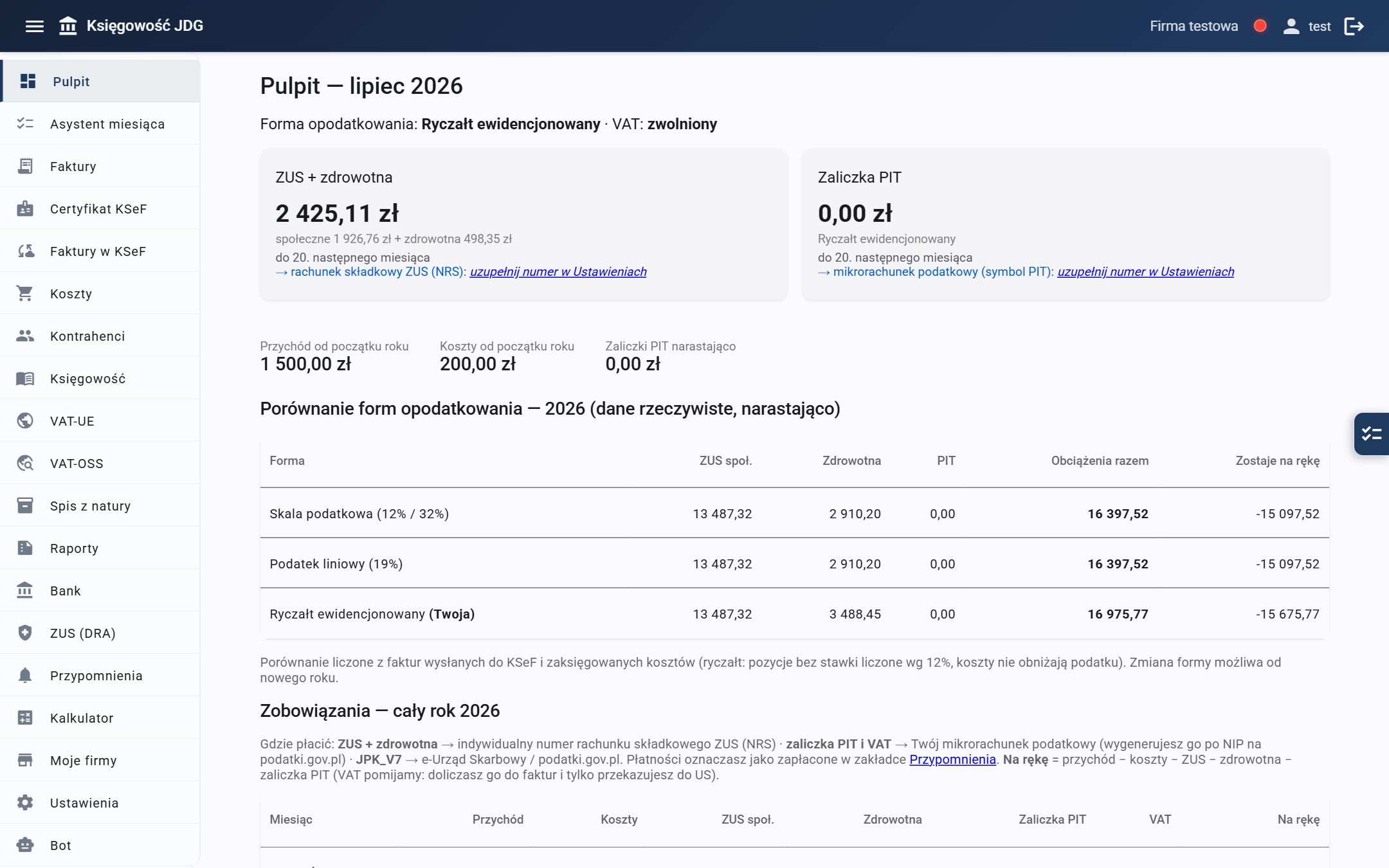 Zakładka Pulpit — przegląd miesiąca, kwoty do zapłaty i porównanie form opodatkowania